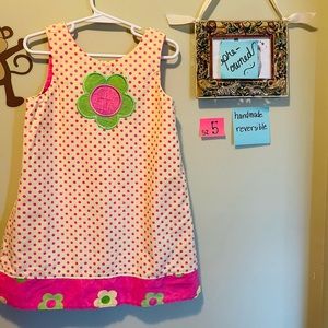 EUC GIRLS HANDMADE REVERSIBLE DRESS EMBROIDERED FLOWER POLKA DOTS SIZE 4T / 5T
